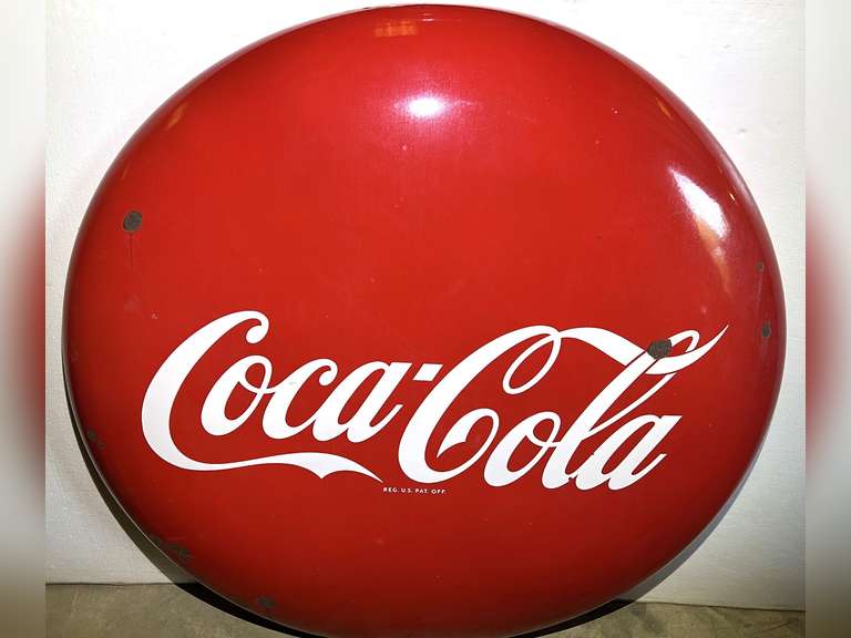 Vintage enameled metal Coca-Cola button sign, 48 inches, does have wear (enamel chipping), see pictures for details. image