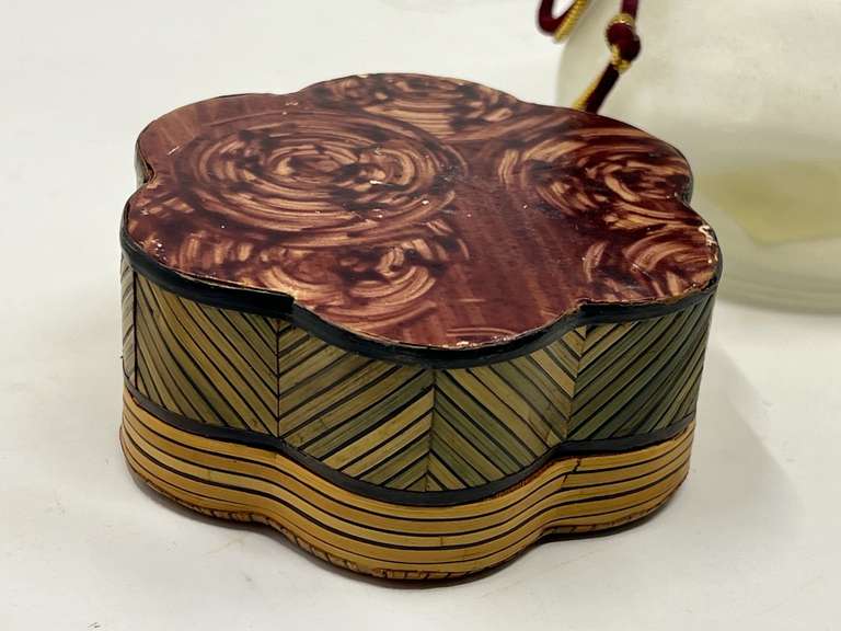LR…Assorted home decor to include a scalloped covered trinket box, believed to be bamboo art, cork lidded jar, and more. See pictures for details.