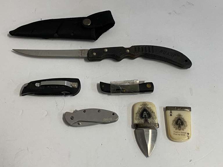 Assorted pocket knives, and more, seven pieces, tub is not included, see pictures for details. image