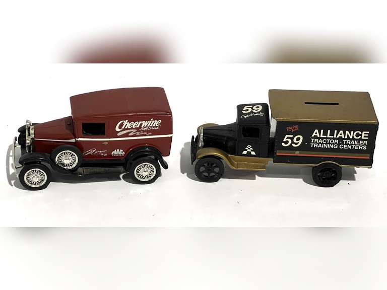 Diecast Vintage truck coin banks, two pieces, see pictures for details. image