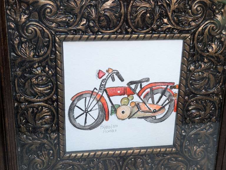 NICELY FRAMED SIGNED ART, OLD MOTORCYCLE