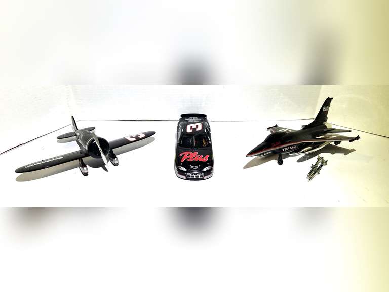 Dale Earnhardt #3 diecast propeller plane coinbank, diecast F1-6 Falcon coin bank jet, and diecast stock car replica, see pictures for details. image