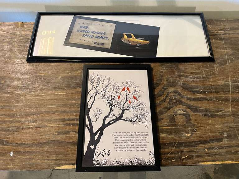 Framed spiritual poster, and framed poster featuring the Plymouth Super Bird wing car, see pictures for details. image