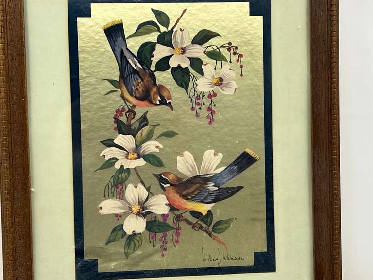 LR… Framed, matted, and signed William J Whiteside art, “Birds On Dogwood”, has gold foil imaging, see pictures for details.