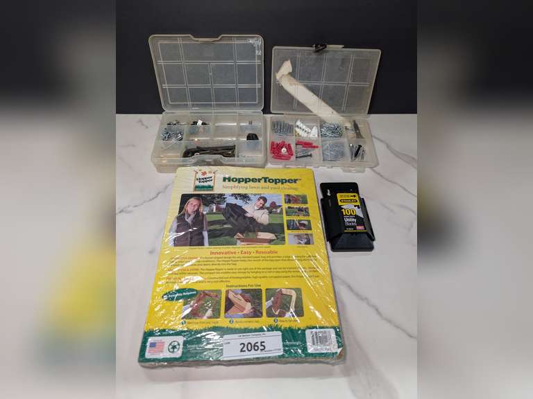 PICTURE HANGING HARDWARE, STANLEY UTILITY BLADES, AND HOPPERTOPPER IN ORIGINAL PLASTIC image