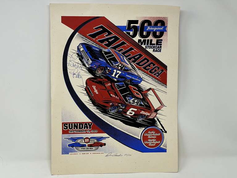 Commemorative 1969 Don Amadio/Robb Leef Talladega 500 inaugural mile stock car race promotional poster, 2009 reprint, this piece is signed and numbered, 57/100, autographed by Richard Petty, believed to be real, (not authenticated), please inspect for yourself, see pictures for details. image