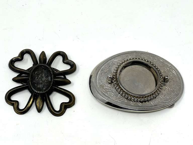 Vintage belt buckles, Silvertone coin buckle, and brass buckle, both are ready for settings, see pictures for details. image