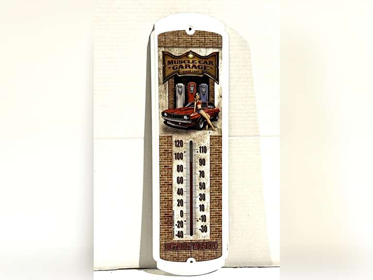 Muscle Car Garage metal wall thermometer, see pictures for details. image
