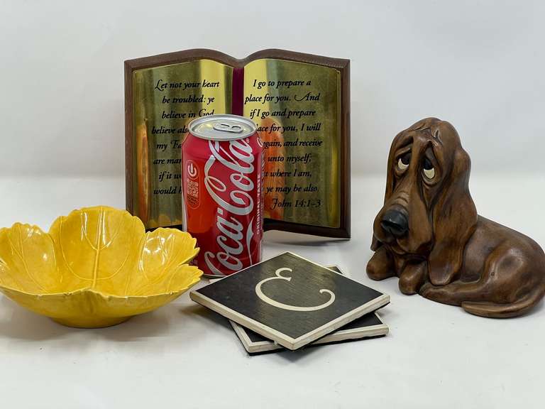 LR… Assorted home decor to include a ceramic figurine, ceramic leaf bowl, tile trivets, and spiritual message decor. See pictures for details.