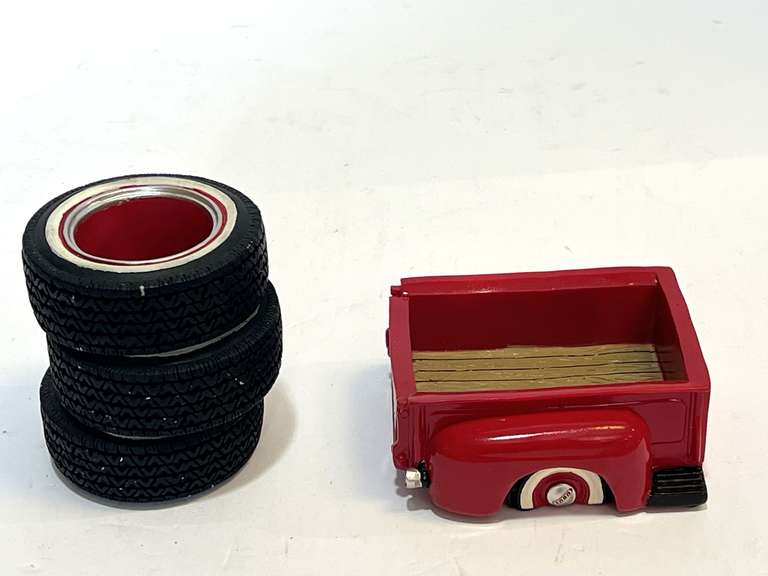 Novelty “tire” pen holder also includes a ‘48 Ford step side truck bed replica, believed to be for sticky note pads, see pictures for details. image