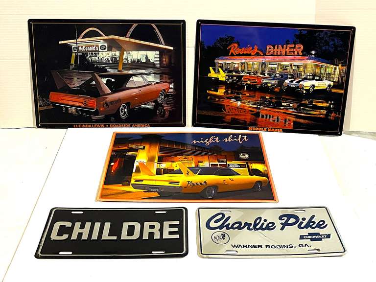 “Lucinda Lewis• Roadside America” sign, also includes a “Muscle Mania” sign, and car dealer plates, see pictures for details. image
