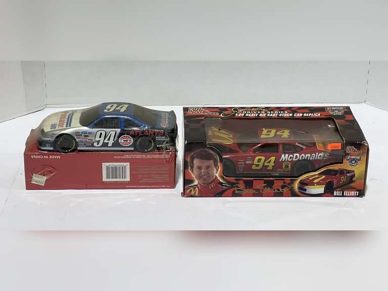 Atlanta motor Speedway, #94, diecast stock car replica coin bank, also includes a Bill Elliott diecast stock car replica, both come in original packaging, see pictures for detail details. image