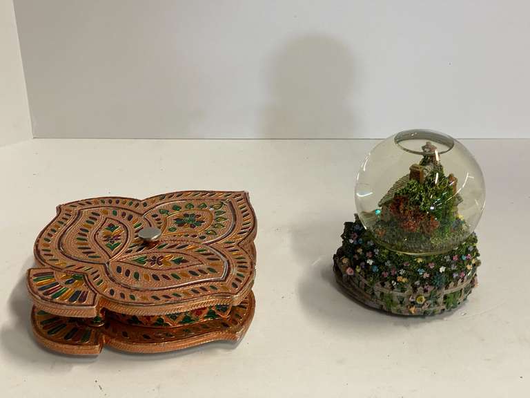 Decorative storage box, and snow globe music box, see pictures for details. image