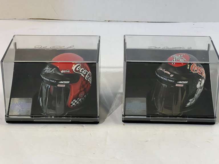 Dale Earnhardt, Dale Earnhardt Jr. Coca-Cola racing helmet replicas with display cases, see pictures for details. image