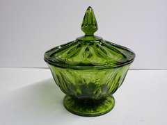 Green Pressed Glass Footed Candy Dish with Lid