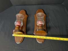 LR… Wood sconces candleholders with glass hurricanes, set of two, see pictures for details.