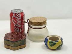 LR…Assorted home decor to include a scalloped covered trinket box, believed to be bamboo art, cork lidded jar, and more. See pictures for details.
