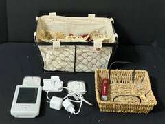 LR… Decorative baskets, wire and woven, with content of assorted earbuds, custom cloth napkins, and more. See pictures or details.