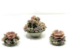LR… Vintage ceramic rose bouquet basket with matching candlestick holders, three pieces total, there is some slight chipping present, see pictures for details.