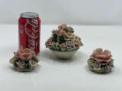 LR… Vintage ceramic rose bouquet basket with matching candlestick holders, three pieces total, there is some slight chipping present, see pictures for details.