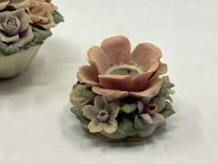 LR… Vintage ceramic rose bouquet basket with matching candlestick holders, three pieces total, there is some slight chipping present, see pictures for details.