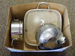 Assorted Cookware: Copper Chef Pan, Stainless Steel Steamer, Kettle