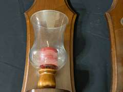 LR… Wood sconces candleholders with glass hurricanes, set of two, see pictures for details.