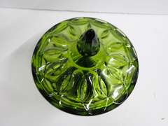 Green Pressed Glass Footed Candy Dish with Lid