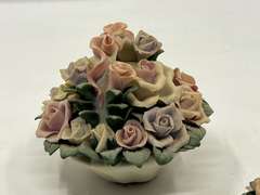 LR… Vintage ceramic rose bouquet basket with matching candlestick holders, three pieces total, there is some slight chipping present, see pictures for details.