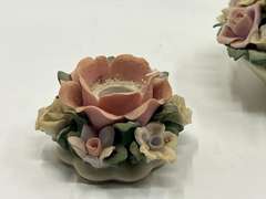 LR… Vintage ceramic rose bouquet basket with matching candlestick holders, three pieces total, there is some slight chipping present, see pictures for details.