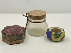 LR…Assorted home decor to include a scalloped covered trinket box, believed to be bamboo art, cork lidded jar, and more. See pictures for details.