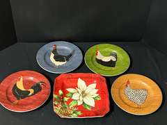 LR… Brandon house “Country Quartet” chicken plates, also includes a lovely 222 Fifth Poinsettia Holly plate, five pieces total, see pictures for details.
