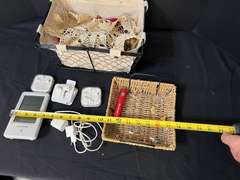 LR… Decorative baskets, wire and woven, with content of assorted earbuds, custom cloth napkins, and more. See pictures or details.