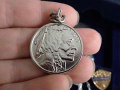COIN COLLECTOR BOX & CONTENTS - INCLUDES HEAVY METAL SHERIFF BADGE, CROSS NECKLACE, C-5 AIR FORCE MEDALLION & MORE