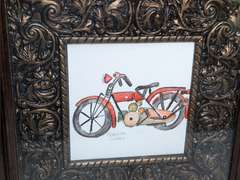 NICELY FRAMED SIGNED ART, OLD MOTORCYCLE