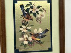 LR… Framed, matted, and signed William J Whiteside art, “Birds On Dogwood”, has gold foil imaging, see pictures for details.