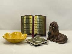 LR… Assorted home decor to include a ceramic figurine, ceramic leaf bowl, tile trivets, and spiritual message decor. See pictures for details.