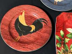 LR… Brandon house “Country Quartet” chicken plates, also includes a lovely 222 Fifth Poinsettia Holly plate, five pieces total, see pictures for details.