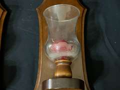 LR… Wood sconces candleholders with glass hurricanes, set of two, see pictures for details.