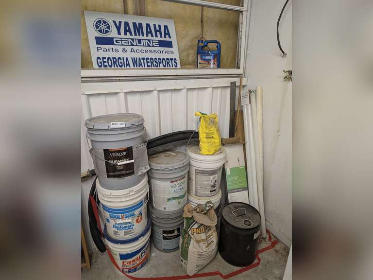 ALL ITEMS IN CORNER MARKED 2014 INCLUDING 5 GALLON BUCKETS, YAMAHA GENUINE PARTS AND ACCESSORY SIGN, FLUORESCENT LIGHTS, AND MORE image