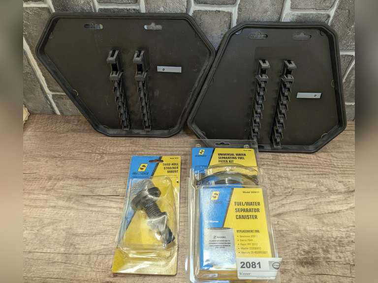 SEACHOICE UNIVERSAL WATER SEPARATING FUEL FILTER KIT, SEACHOICE THROUGH-HULL STRAINER MOUNT, AND KOBALT WALL MOUNT TOOL RACKS image