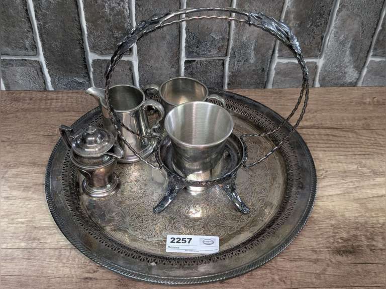 SILVER PLATE & PEWTER GROUP INCLUDING CREAMERS, SUGAR, ROUND SERVING PLATTER, AND MORE image