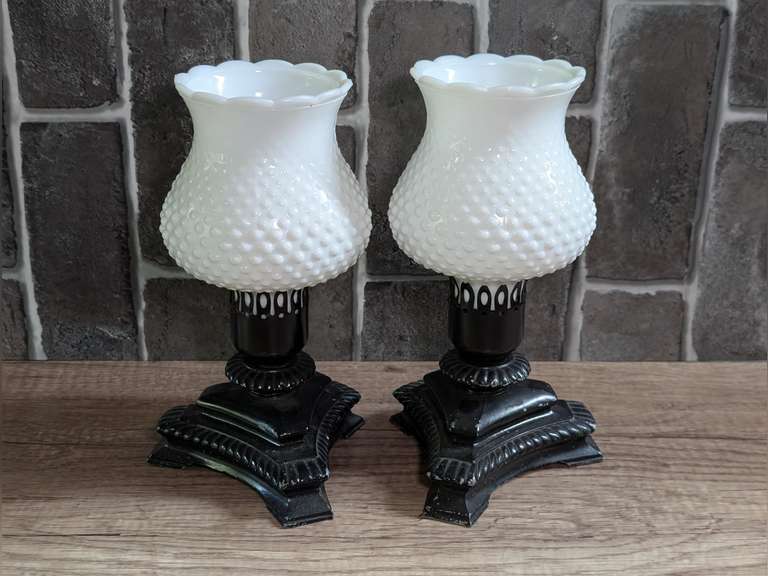 PAIR OF VINTAGE MATCHING METAL BASE CANDLE HOLDERS WITH HOBNAIL MILK GLASS SHADES image