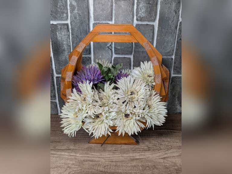 VINTAGE HANDMADE WOODEN BASKET WITH FLORAL ARRANGEMENT image