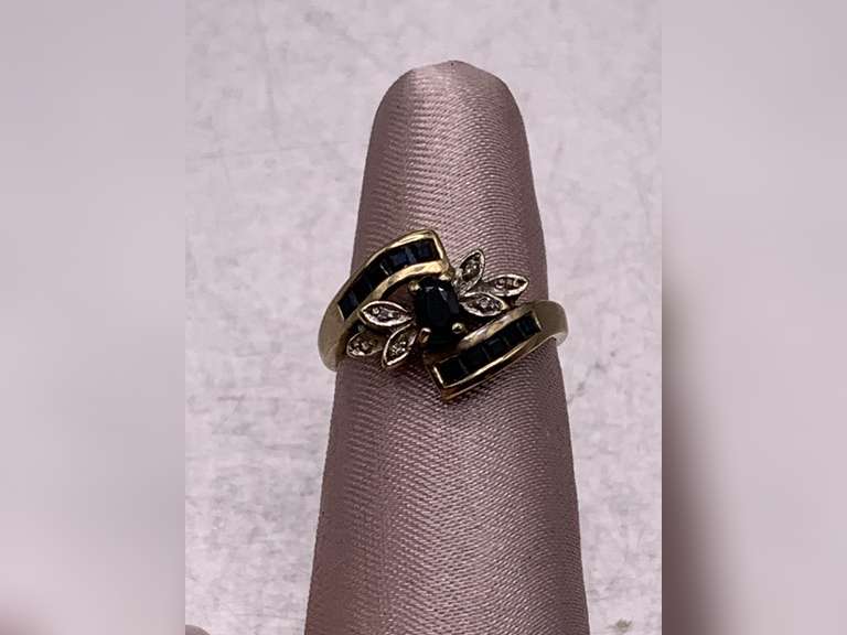 10KT YELLOW GOLD PLATE SAPPHIRE & DIAMOND RING 2.58 GRAMS SIZE 5 image