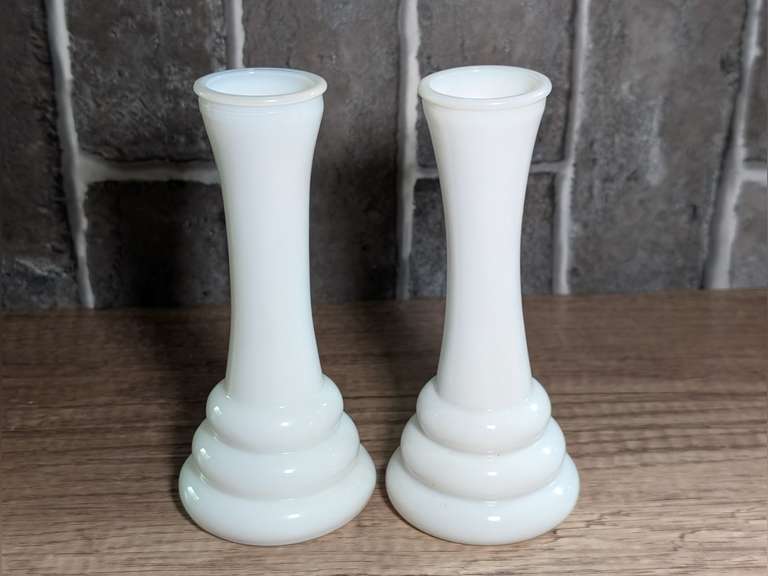 PAIR OF VINTAGE RANDALL MILK GLASS BUD VASES image