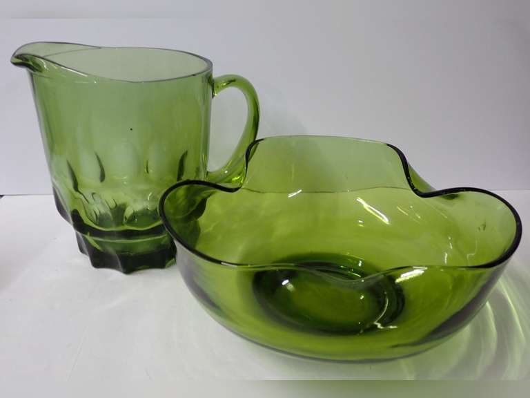 Vintage Green Glass Pitcher and Bowl image