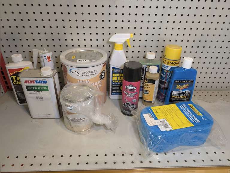 ASSORTED RV AND MARINE CLEANING ACCESSORIES INCLUDING POLISHES, LUBE, WATER TREATMENT, RUBBER ROOFING COATING SYSTEM, AND MORE image