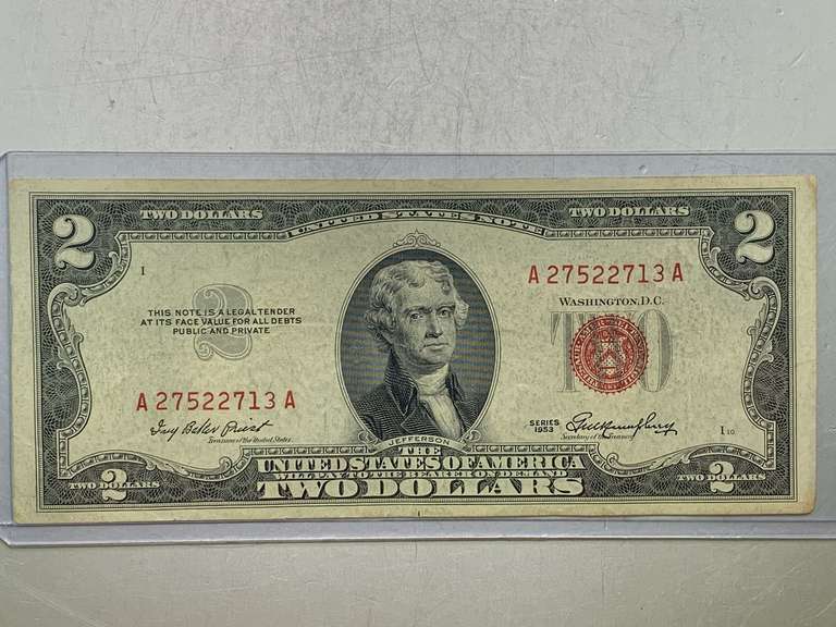 $2 RED SEAL UNITED STATES NOTE 1953 SERIAL NO A27522713A image