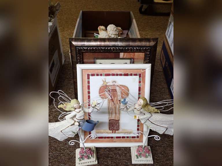 Box Lot of Angel Figures and Framed Art image